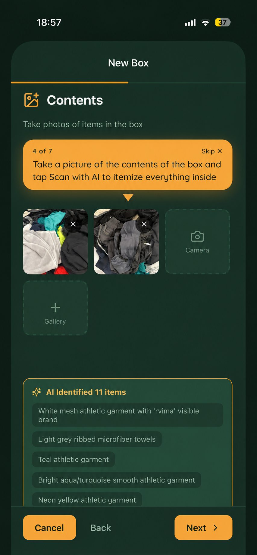Search screen finding a box by tag and contents