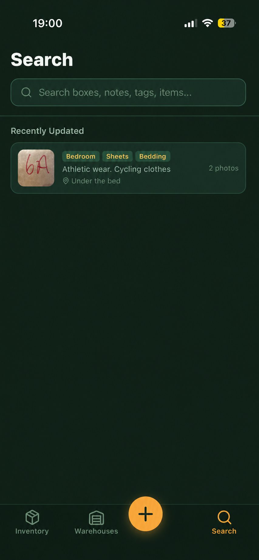 Warehouses screen showing Bedding, Bedroom, and Sheets tags